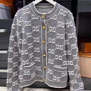 Gucci Gray and White Patterned Cardigan with Gold Buttons